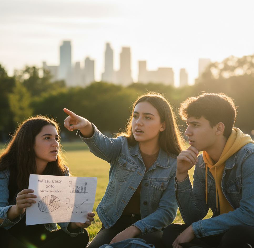 the future leaders, shaped by Earth-conscious values, actively discussing and preparing to address larger environmental issues, symbolizing their role in shaping global policy and advocating for change. Earth Extend