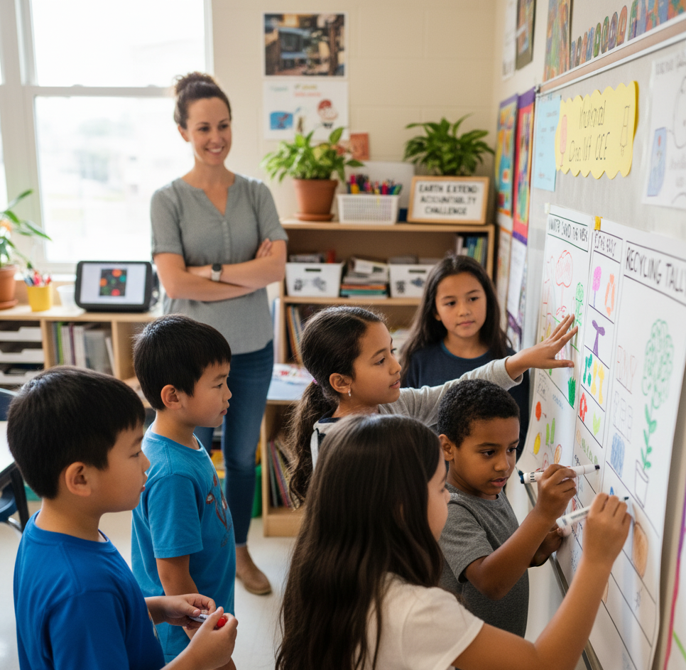 Unified Earth Curriculum" by demonstrating children working on verifiable environmental actions and understanding impact. Earth Extend