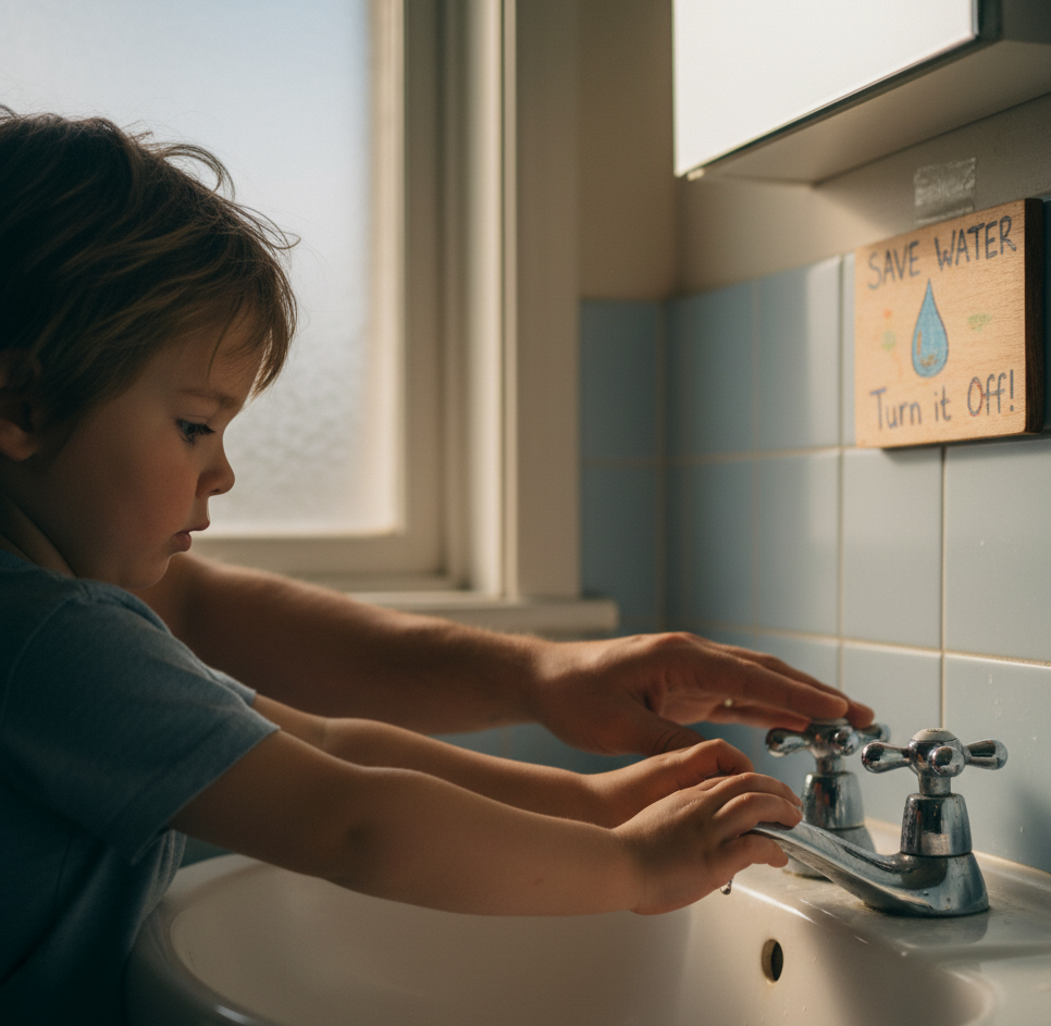 A child carefully turning off a dripping faucet in a home bathroom, Earth Extend